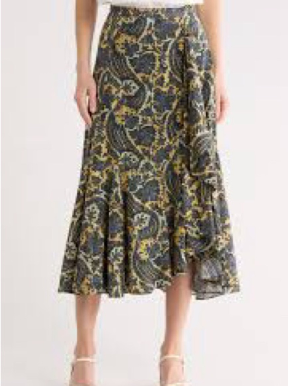 Ulla Johnson Navy and Mustard Paisley Midi Skirt